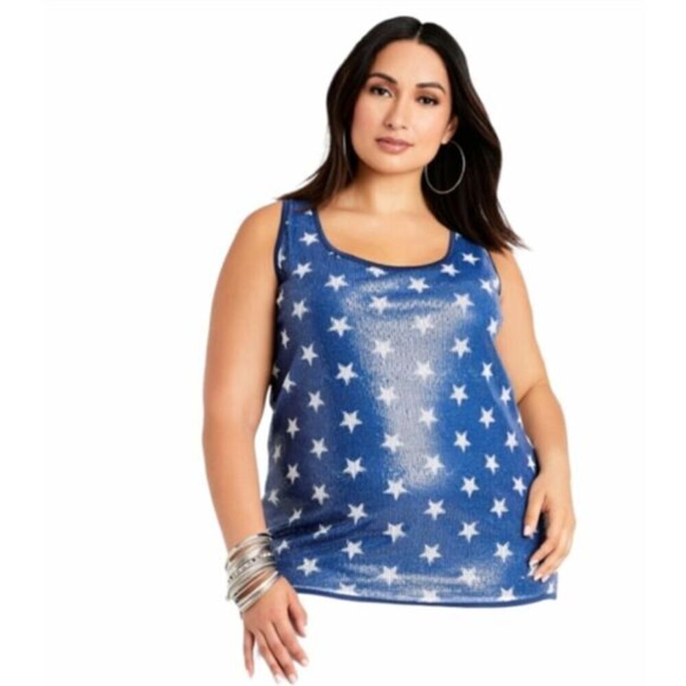 NEW Ashley Stewart Sequin Stars Scoop Neck Tank, White on Blue, 2X
